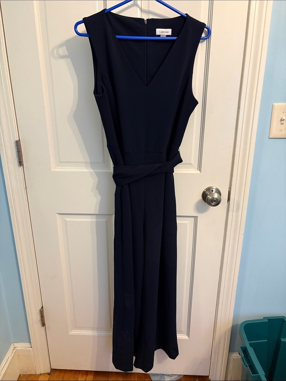 Calvin Klein Navy V-Neck Sleeveless Maxi pant suit with Waist Tie